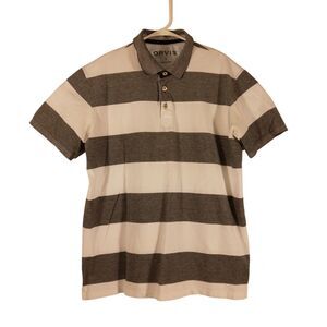 Orvis polo shirt mens L Large white gray striped short sleeve pima cotton 2X4Z